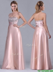 Fashionable Strapless Peach Long Dama Dress with Beaded Bodice