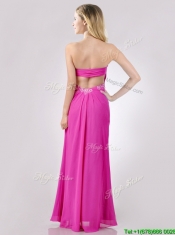 Fashionable Sweetheart Backless Beaded and Ruched Prom Dress in Hot Pink