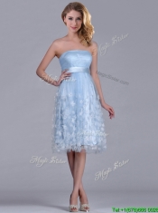 Gorgeous Empire Tea Length Applique Tulle Prom Dress in Light Blue