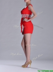 Hot Sale Beaded Decorated Waist V Neck Prom Dress in Red