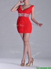 Hot Sale Beaded Decorated Waist V Neck Prom Dress in Red