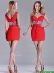 Hot Sale Beaded Decorated Waist V Neck Prom Dress in Red