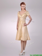 Hot Sale V Neck Champagne Tea Length Dama Dress with Short Sleeves