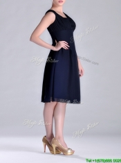 Latest Square Empire Chiffon Navy Blue Prom Dress with Ruching