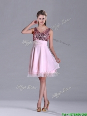 Latest V Neck Sequined Decorated Bodice Dama Dress in Baby Pink