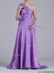 Lovely Brush Train Lilac Prom Dress with Hand Made Flowers Decorated One Shoulder