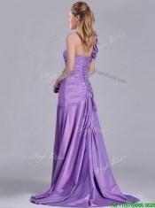 Lovely Brush Train Lilac Prom Dress with Hand Made Flowers Decorated One Shoulder