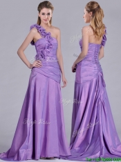 Lovely Brush Train Lilac Prom Dress with Hand Made Flowers Decorated One Shoulder Lovely Brush Train Lilac Prom Dress with Hand Made Flowers Decorated One Shoulder