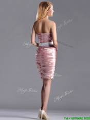 Lovely Column Peach Prom Dress with Ruching and White Belt