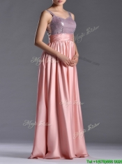 Lovely Empire Straps Zipper Up Peach Prom Dress with Sequins