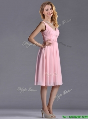 Lovely Empire V Neck Baby Pink Short Prom Dress with Beading