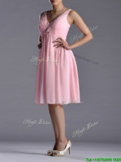 Lovely Empire V Neck Baby Pink Short Prom Dress with Beading