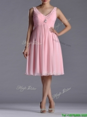 Lovely Empire V Neck Baby Pink Short Prom Dress with Beading