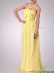 Lovely Halter Top Chiffon Ruched Long Dama Dress in Yellow