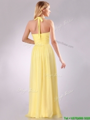 Lovely Halter Top Chiffon Ruched Long Dama Dress in Yellow