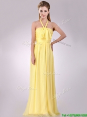 Lovely Halter Top Chiffon Ruched Long Dama Dress in Yellow