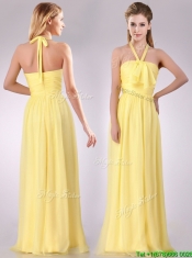 Lovely Halter Top Chiffon Ruched Long Dama Dress in Yellow