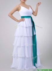 Lovely White Prom Dress with Ruffled Layers and Turquoise Belt