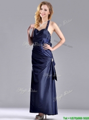 Luxurious Beaded Decorated Halter Top Dama Dress in Navy Blue