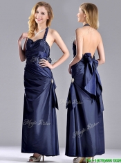 Luxurious Beaded Decorated Halter Top Dama Dress in Navy Blue