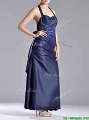 Luxurious Beaded Decorated Halter Top Dama Dress in Navy Blue