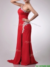Luxurious Beaded Decorated One Shoulder and High Slit Prom Dress with Brush Train