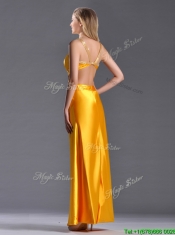 Luxurious Beaded Decorated Straps Criss Cross Prom Dress in Gold