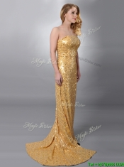 Luxurious Column Strapless Sequined Gold Prom Dress with Brush Train
