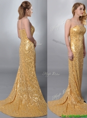 Luxurious Column Strapless Sequined Gold Prom Dress with Brush Train