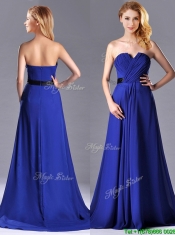 Luxurious Empire Chiffon Royal Blue Prom Dress with Brush Train