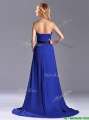 Luxurious Empire Chiffon Royal Blue Prom Dress with Brush Train
