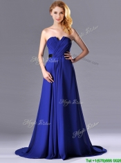 Luxurious Empire Chiffon Royal Blue Prom Dress with Brush Train