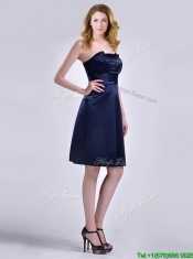 Luxurious Strapless Zipper Up Ruched Dama Dress in Navy Blue