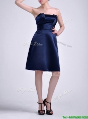 Luxurious Strapless Zipper Up Ruched Dama Dress in Navy Blue