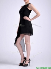 Modern Scoop Asymmetrical Black Chiffon Prom Dress with Beading