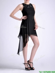 Modern Scoop Asymmetrical Black Chiffon Prom Dress with Beading