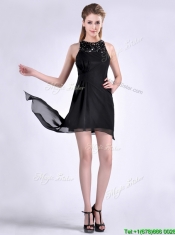 Modern Scoop Asymmetrical Black Chiffon Prom Dress with Beading