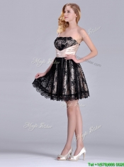 Modern Strapless Black Short Prom Dress with Lace and Belt