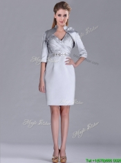 Modern V Neck Belted with Beading Dama Dress in Silver
