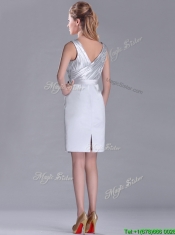 Modern V Neck Belted with Beading Dama Dress in Silver