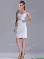 Modern V Neck Belted with Beading Dama Dress in Silver