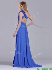 Modest Beaded and Applique Criss Cross Dama Dress with Brush Train