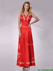 Modest Column Halter Top Backless Red Dama Dress with Appliques