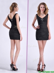 Modest Column V Neck Beaded Black Short Prom Dress Modest Column V Neck Beaded Black Short Prom Dress