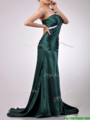 Modest One Shoulder Dark Green Prom Dress in Elastic Woven Satin