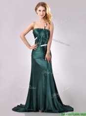 Modest One Shoulder Dark Green Prom Dress in Elastic Woven Satin