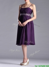 Modest Spaghetti Straps Beaded Chiffon Short Prom Dress in Purple