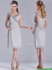 Modest V Neck Grey Chiffon Short Prom Dress with Side Zipper