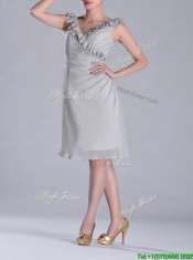 Modest V Neck Grey Chiffon Short Prom Dress with Side Zipper