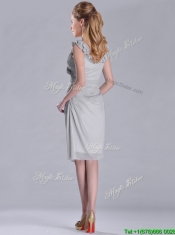 Modest V Neck Grey Chiffon Short Prom Dress with Side Zipper